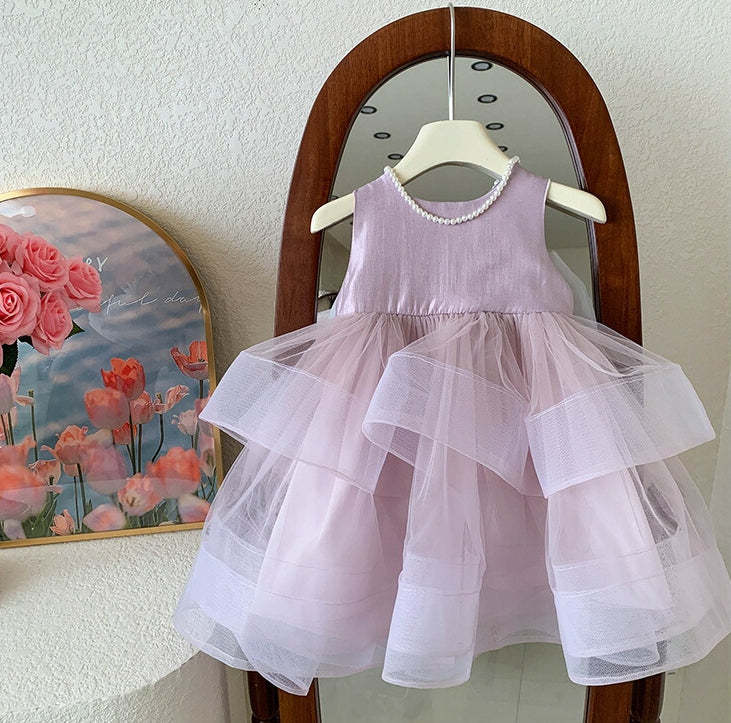 Princess Baby Girl Party Dress with Bowknot in Round Neck Sleeveless Tea Length