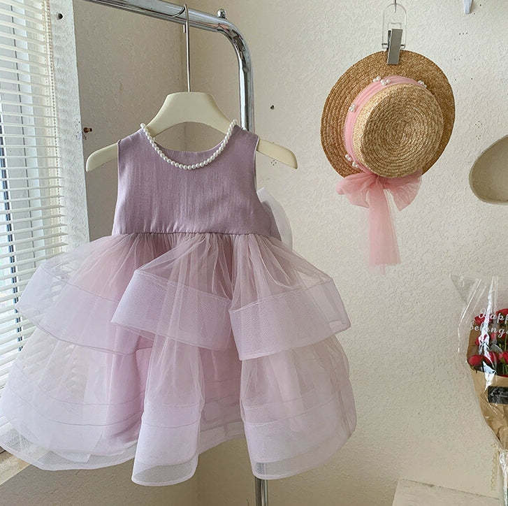 Princess Baby Girl Party Dress with Bowknot in Round Neck Sleeveless Tea Length