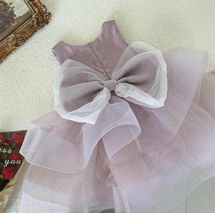 Princess Baby Girl Party Dress with Bowknot in Round Neck Sleeveless Tea Length