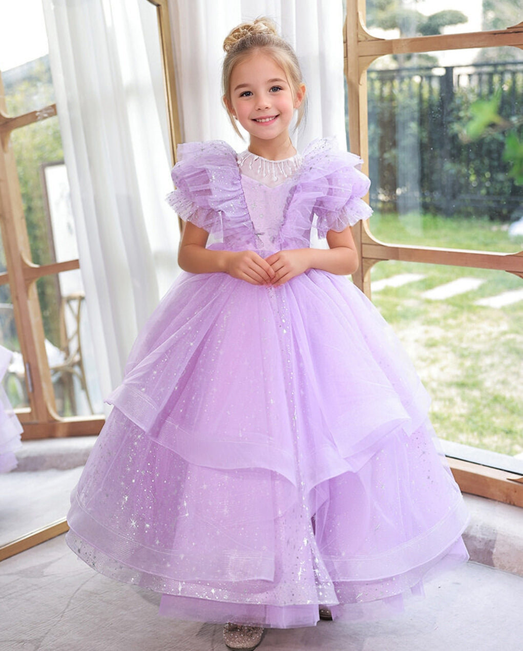 Layered Girl Party Dresses with Ruffled Short Sleeves and Beading Round Neck Floor Length