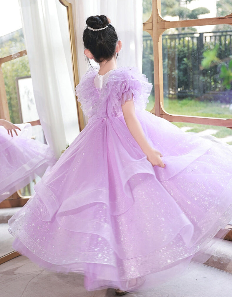 Layered Girl Party Dresses with Ruffled Short Sleeves and Beading Round Neck Floor Length