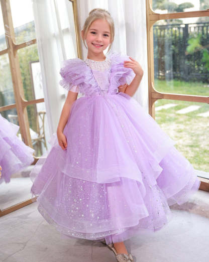 Layered Girl Party Dresses with Ruffled Short Sleeves and Beading Round Neck Floor Length