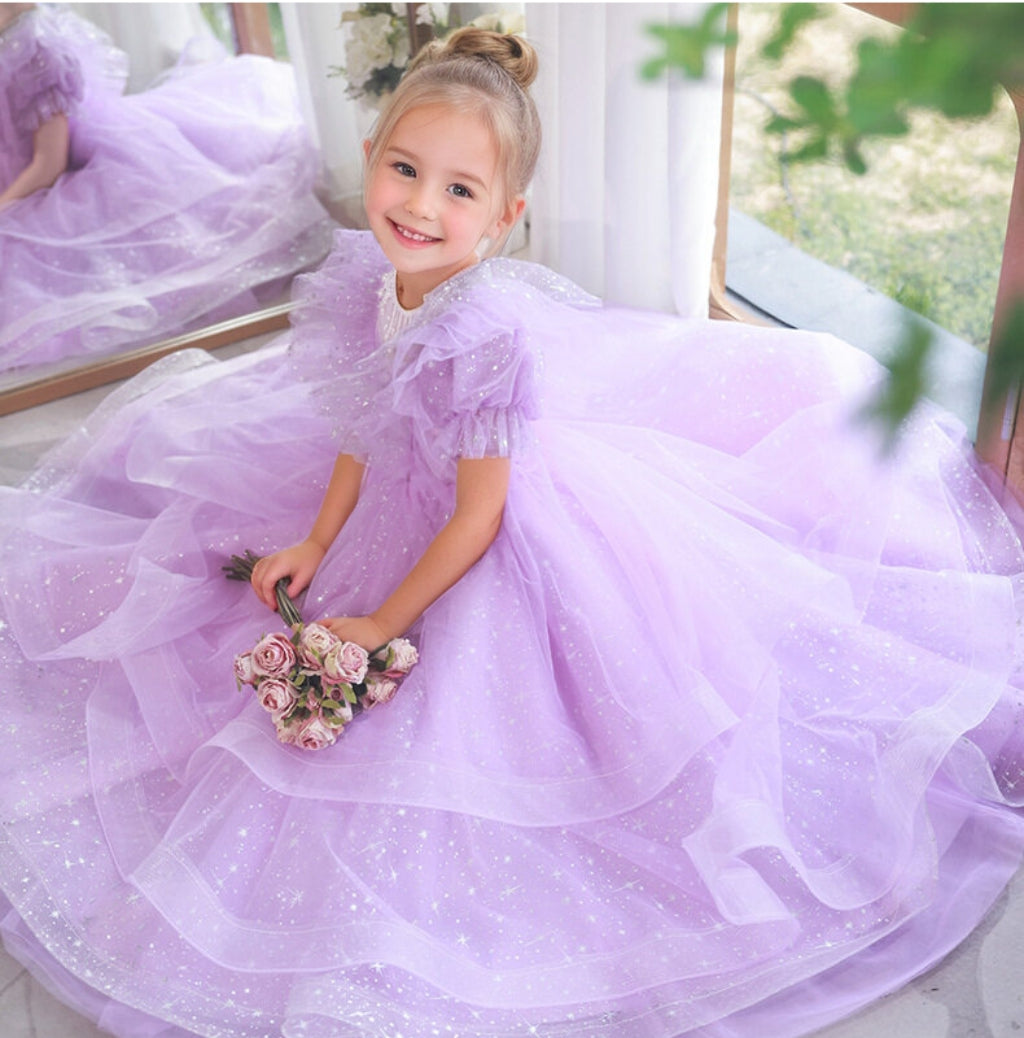 Layered Girl Party Dresses with Ruffled Short Sleeves and Beading Round Neck Floor Length