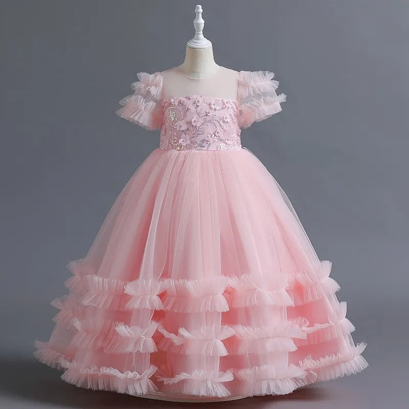 Short-Sleeve Ruffled Ball Gown with Beaded Flower Appliques for Girls