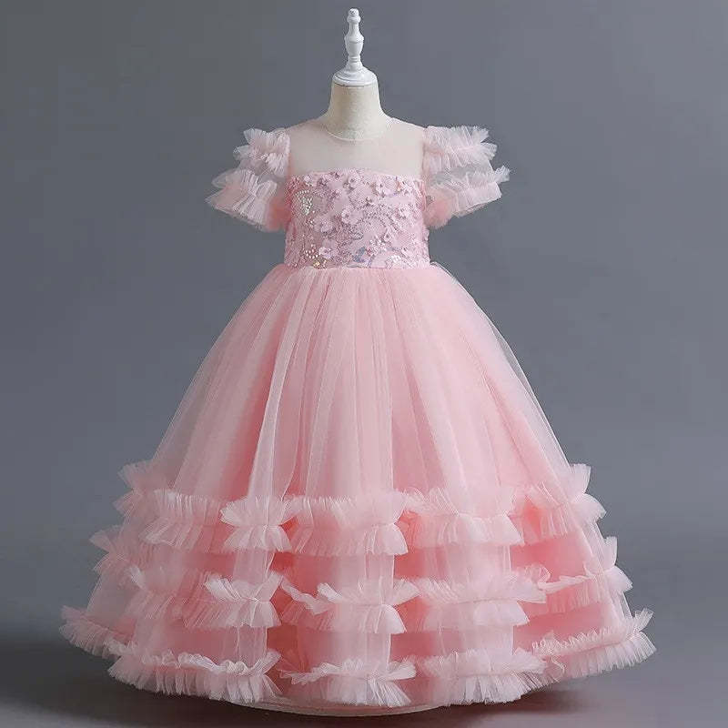 Short-Sleeve Ruffled Ball Gown with Beaded Flower Appliques for Girls