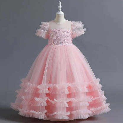 Short-Sleeve Ruffled Ball Gown with Beaded Flower Appliques for Girls
