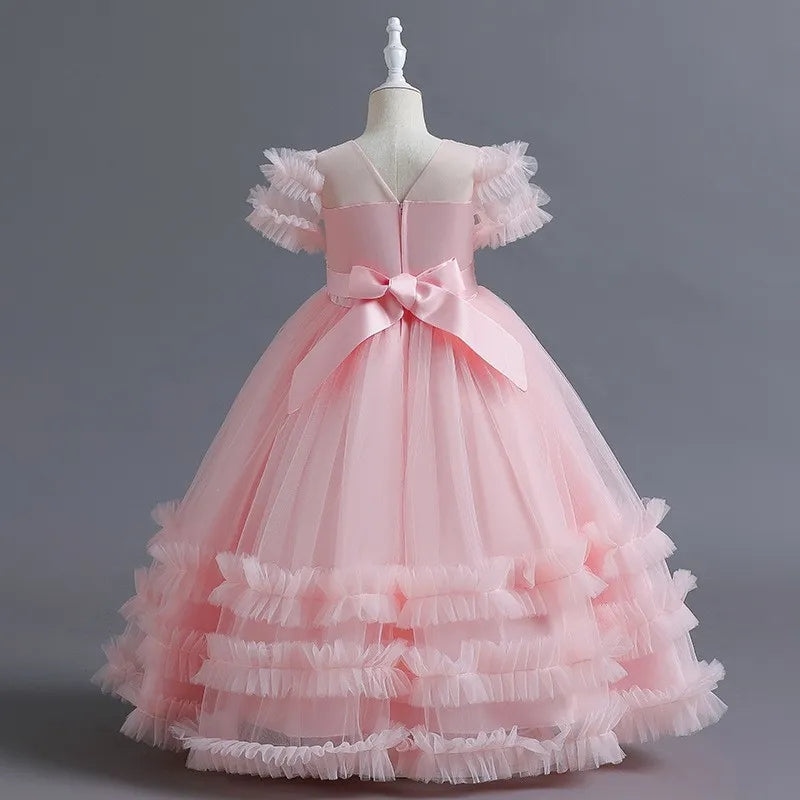 Short-Sleeve Ruffled Ball Gown with Beaded Flower Appliques for Girls