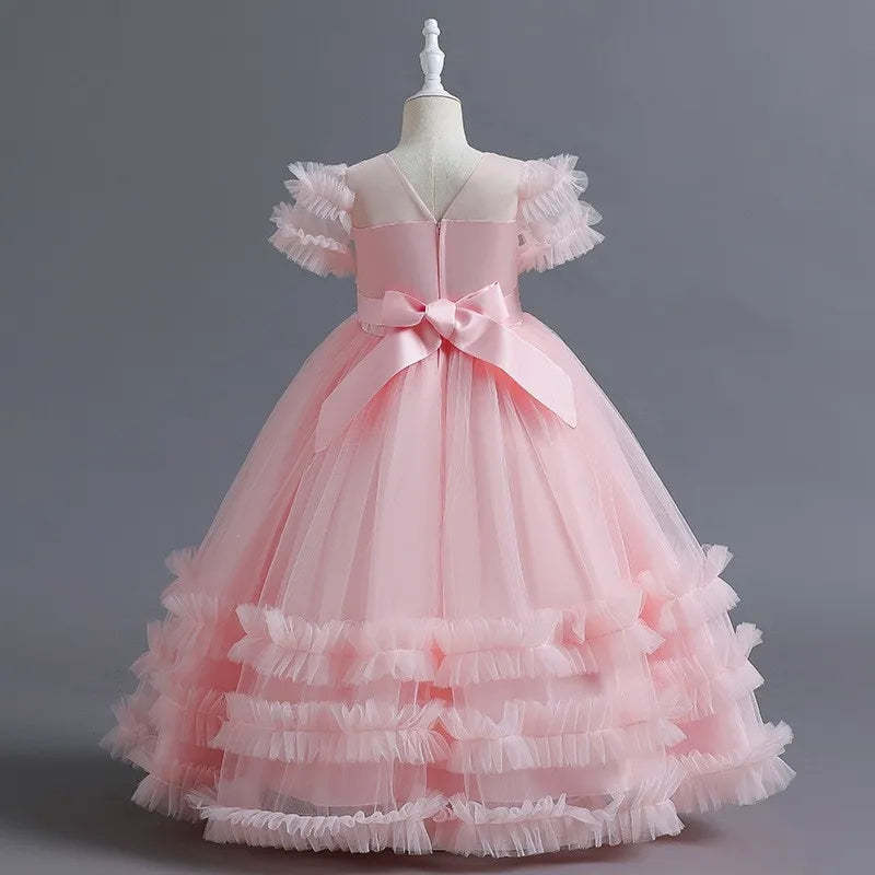 Short-Sleeve Ruffled Ball Gown with Beaded Flower Appliques for Girls