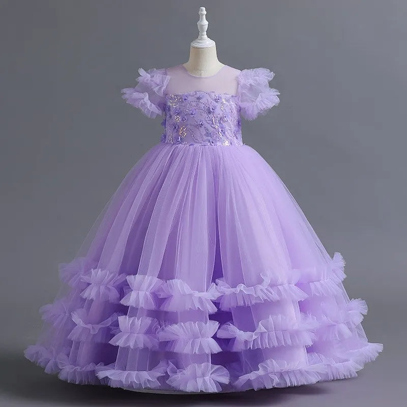Short-Sleeve Ruffled Ball Gown with Beaded Flower Appliques for Girls