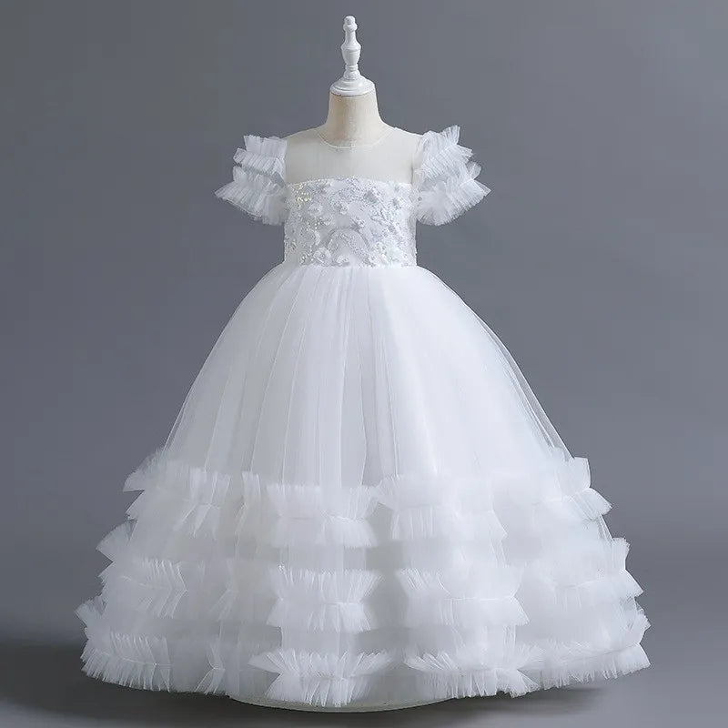Short-Sleeve Ruffled Ball Gown with Beaded Flower Appliques for Girls