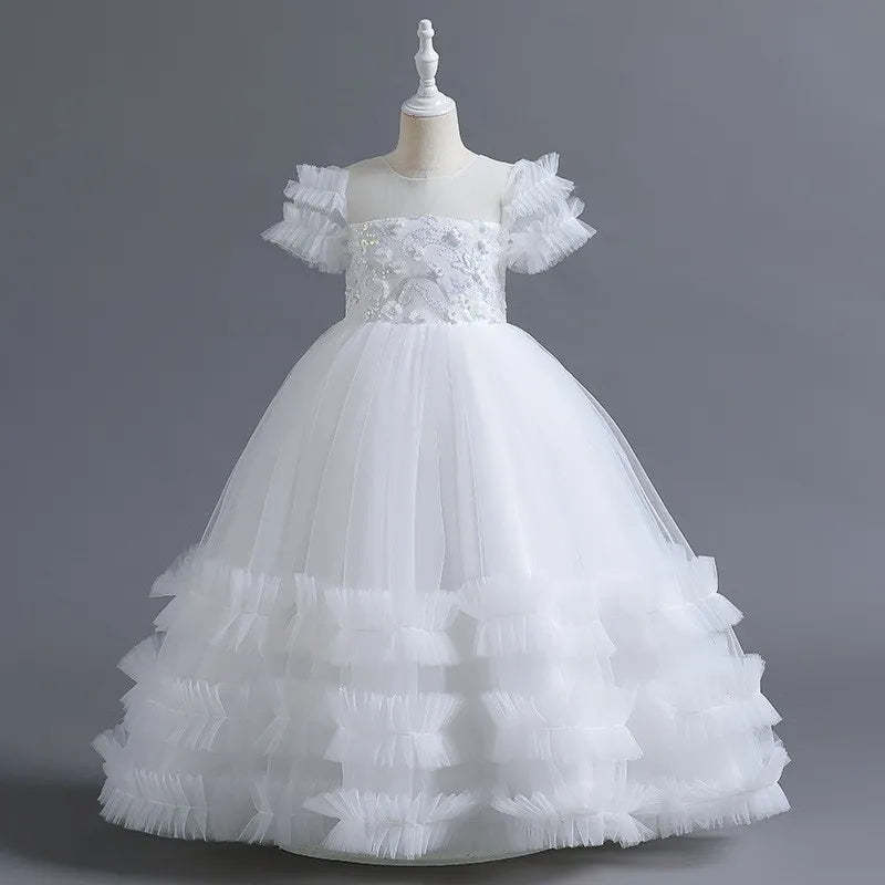 Short-Sleeve Ruffled Ball Gown with Beaded Flower Appliques for Girls