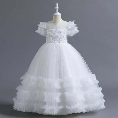 Short-Sleeve Ruffled Ball Gown with Beaded Flower Appliques for Girls