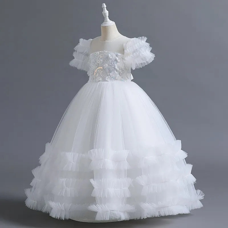 Short-Sleeve Ruffled Ball Gown with Beaded Flower Appliques for Girls