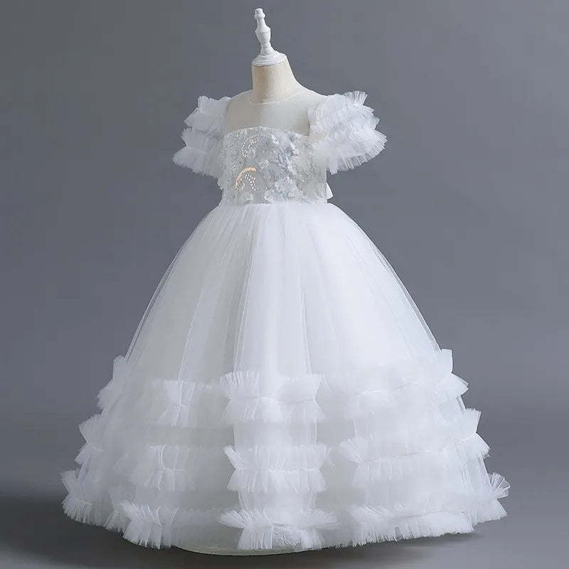 Short-Sleeve Ruffled Ball Gown with Beaded Flower Appliques for Girls