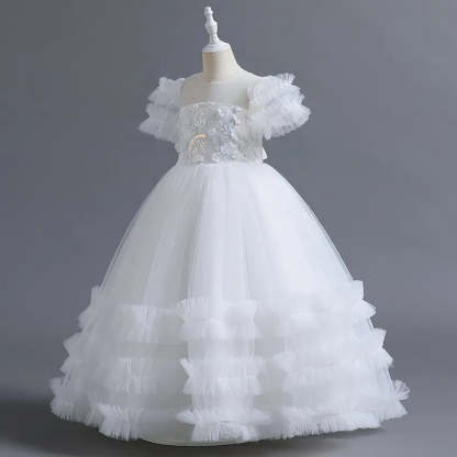 Short-Sleeve Ruffled Ball Gown with Beaded Flower Appliques for Girls
