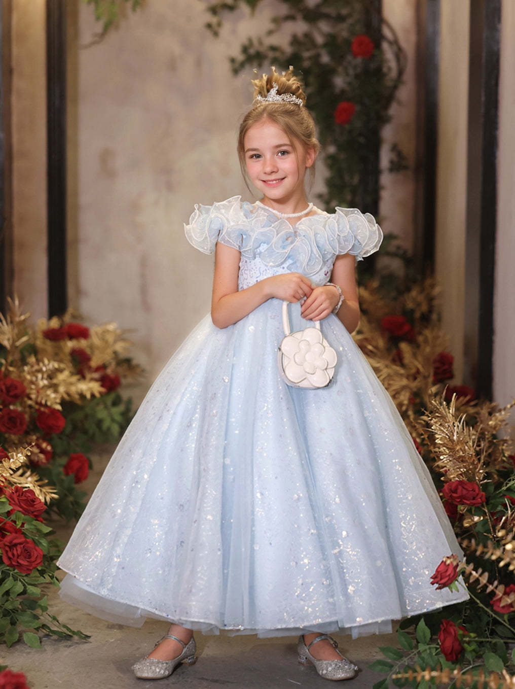 Short-Sleeve A-Line Princess Flower Girl Dresses with Rhinestone Ruffles