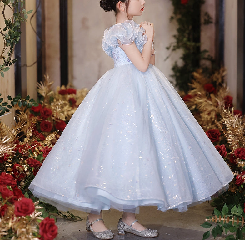 Short-Sleeve A-Line Princess Flower Girl Dresses with Rhinestone Ruffles