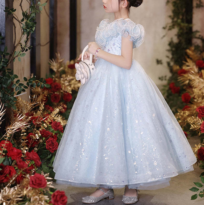 Short-Sleeve A-Line Princess Flower Girl Dresses with Rhinestone Ruffles
