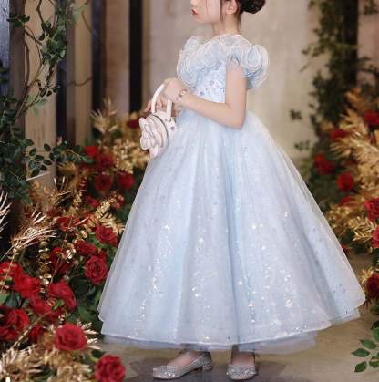 Short-Sleeve A-Line Princess Flower Girl Dresses with Rhinestone Ruffles
