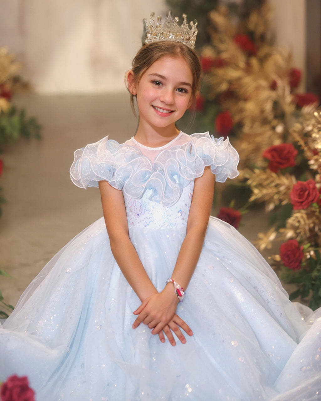Short-Sleeve A-Line Princess Flower Girl Dresses with Rhinestone Ruffles
