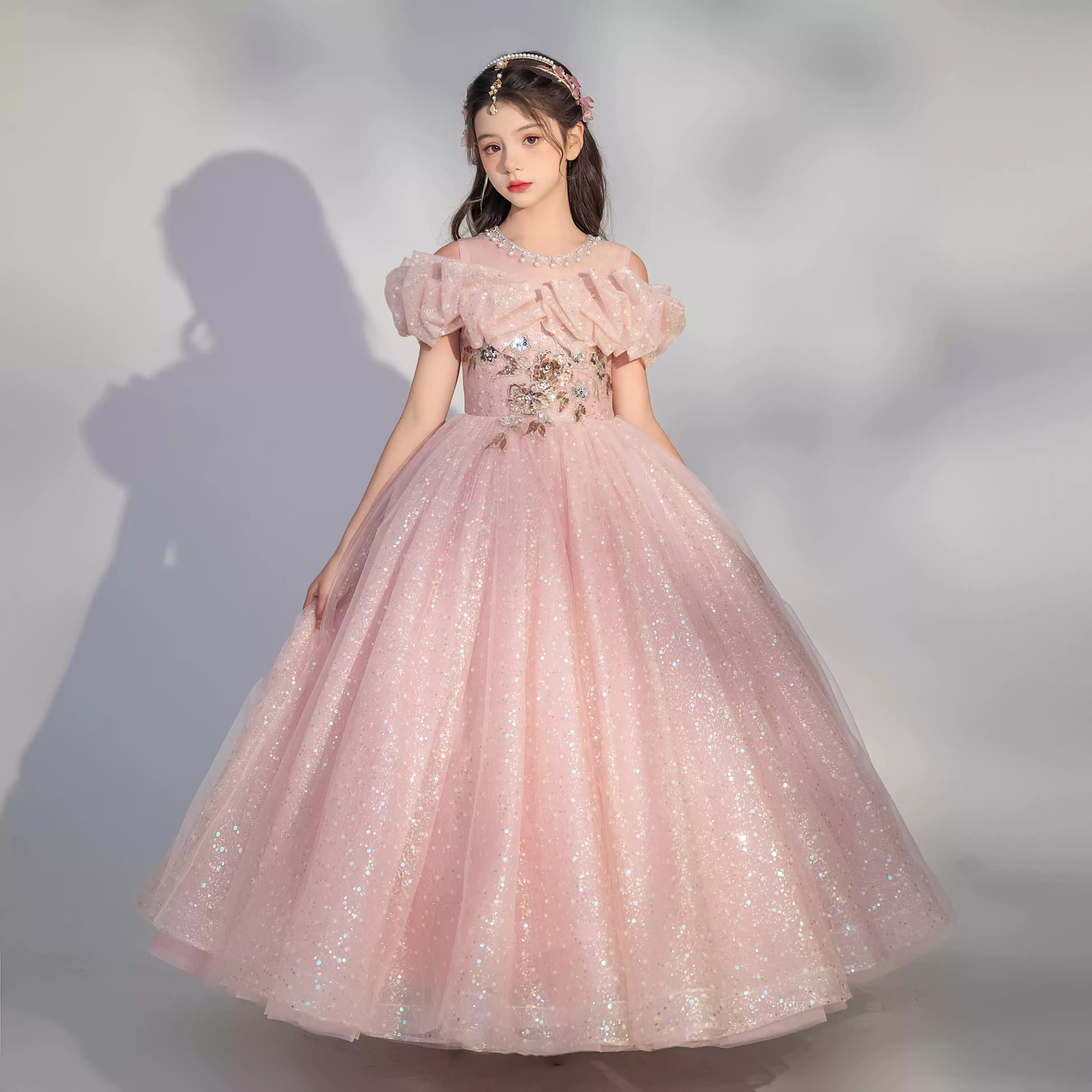 Floor-Length Off-the-Shoulder A-Line/Princess Party Dress with Embroidery for Girls