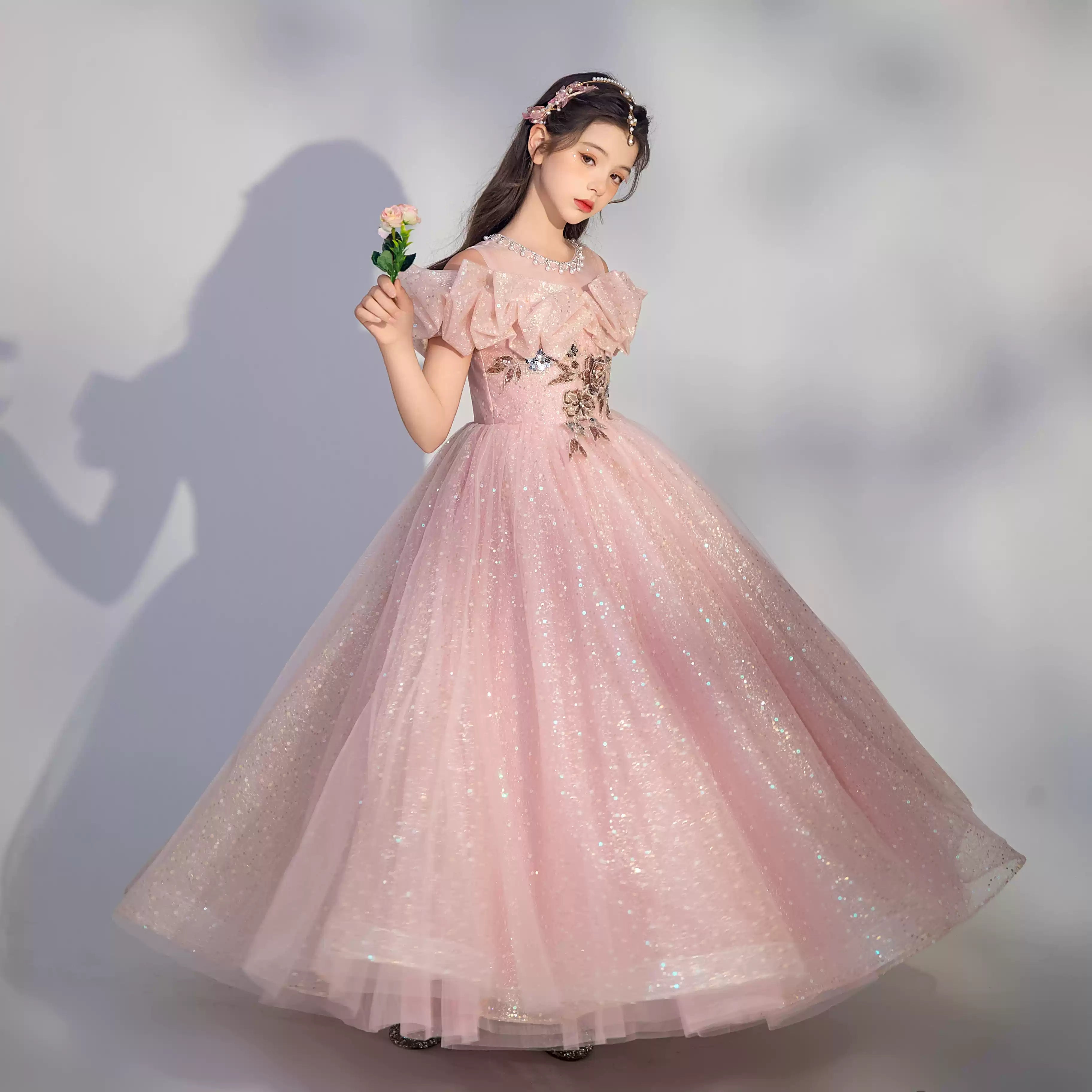 Floor-Length Off-the-Shoulder A-Line/Princess Party Dress with Embroidery for Girls