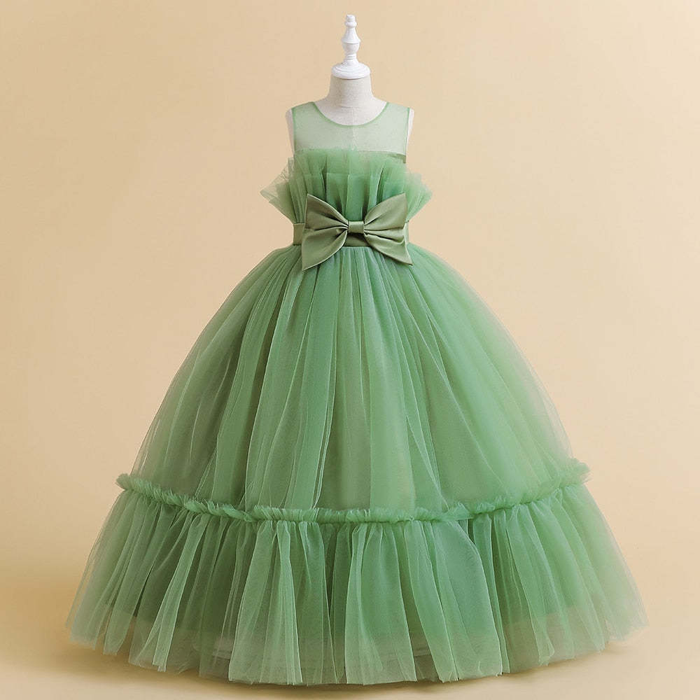 Sleeveless A-Line Princess Floor-Length Party Dresses for Flower Girls with Bow