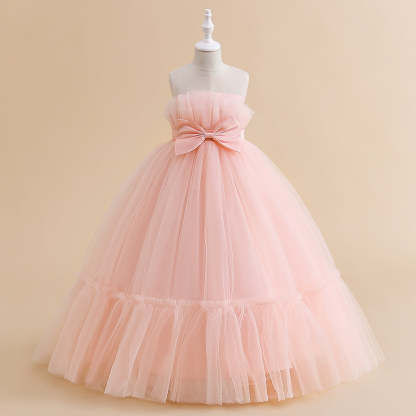 Sleeveless A-Line Princess Floor-Length Party Dresses for Flower Girls with Bow