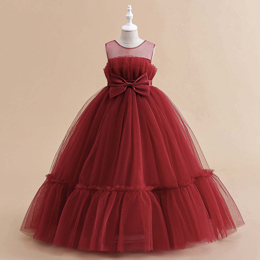 Sleeveless A-Line Princess Floor-Length Party Dresses for Flower Girls with Bow