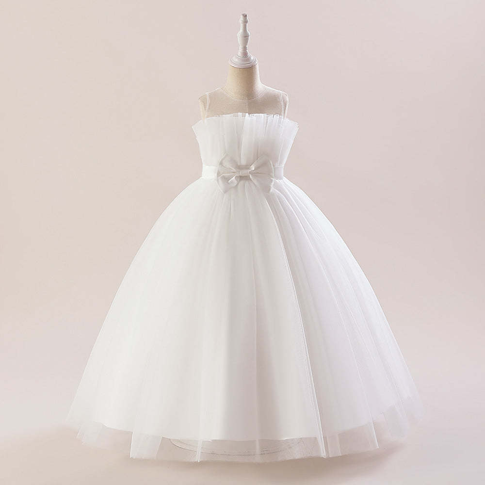 Sleeveless A-Line Princess Floor-Length Party Dresses for Flower Girls with Bow