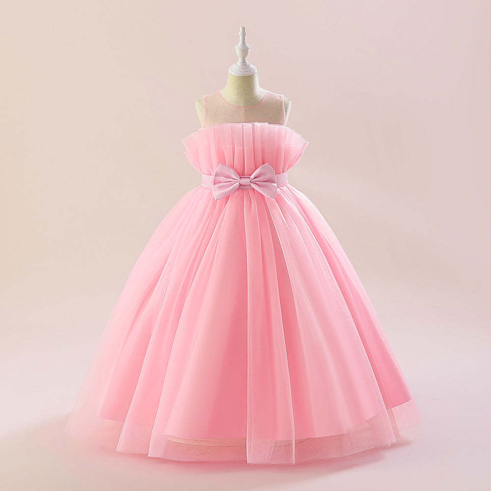 Sleeveless A-Line Princess Floor-Length Party Dresses for Flower Girls with Bow