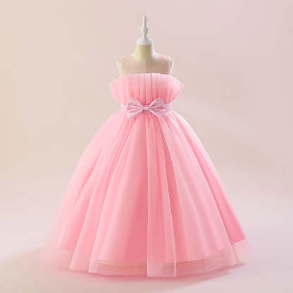 Sleeveless A-Line Princess Floor-Length Party Dresses for Flower Girls with Bow