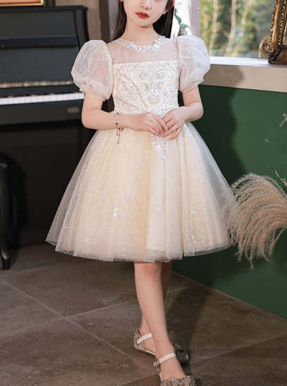 Knee-Length Flower Girl Dress with Lace Appliques in A-Line/Princess Style and Short Sleeves