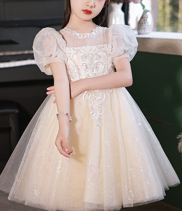 Knee-Length Flower Girl Dress with Lace Appliques in A-Line/Princess Style and Short Sleeves