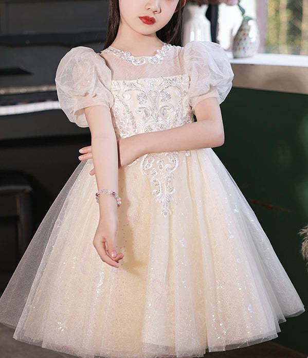 Knee-Length Flower Girl Dress with Lace Appliques in A-Line/Princess Style and Short Sleeves