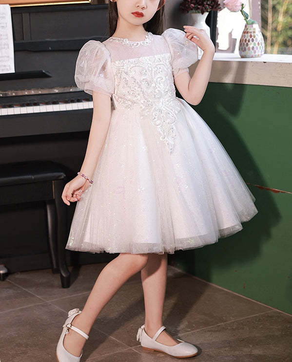 Knee-Length Flower Girl Dress with Lace Appliques in A-Line/Princess Style and Short Sleeves