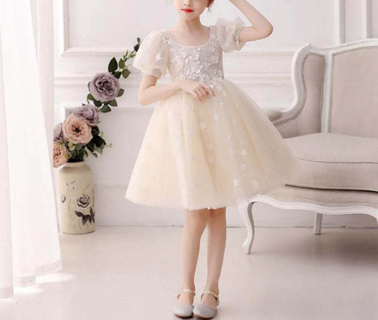 Knee-Length A-Line Princess Flower Girl Dress with Short Sleeves and Lace Appliques