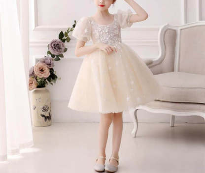 Knee-Length A-Line Princess Flower Girl Dress with Short Sleeves and Lace Appliques