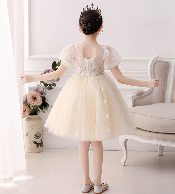 Knee-Length A-Line Princess Flower Girl Dress with Short Sleeves and Lace Appliques
