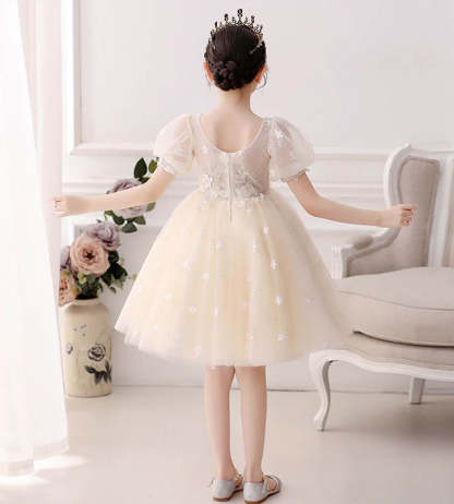 Knee-Length A-Line Princess Flower Girl Dress with Short Sleeves and Lace Appliques