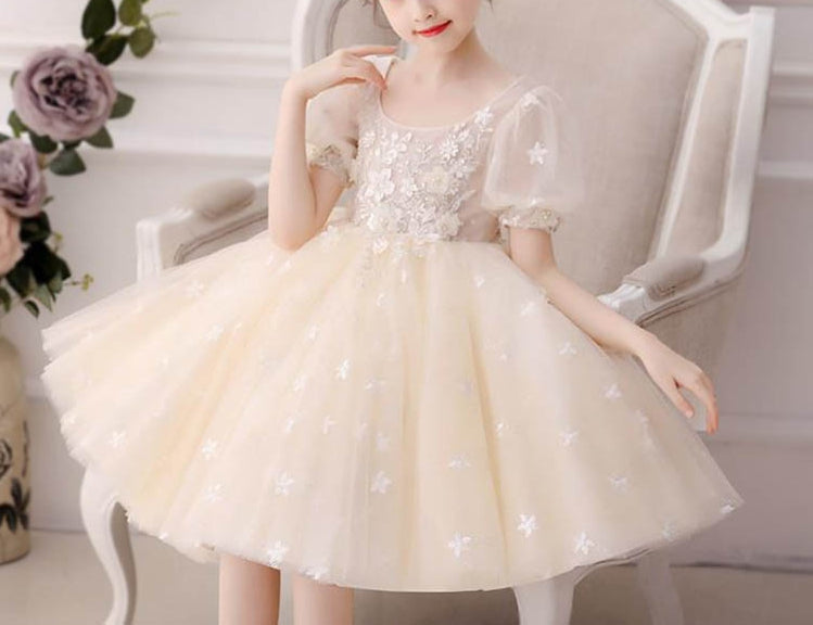 Knee-Length A-Line Princess Flower Girl Dress with Short Sleeves and Lace Appliques