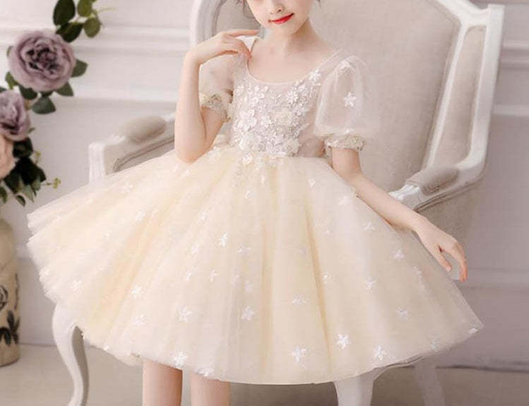 Knee-Length A-Line Princess Flower Girl Dress with Short Sleeves and Lace Appliques