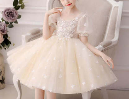 Knee-Length A-Line Princess Flower Girl Dress with Short Sleeves and Lace Appliques