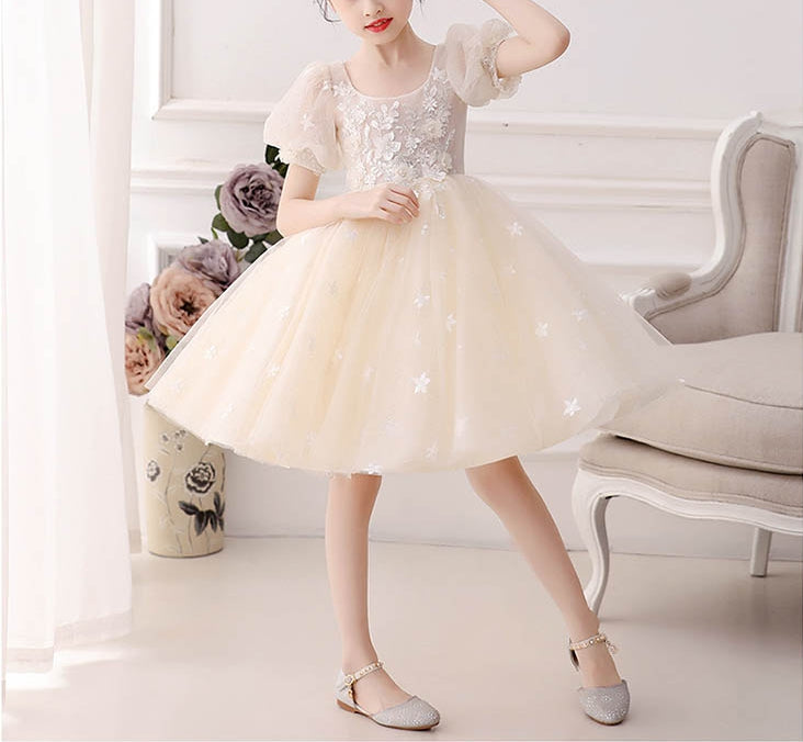 Knee-Length A-Line Princess Flower Girl Dress with Short Sleeves and Lace Appliques