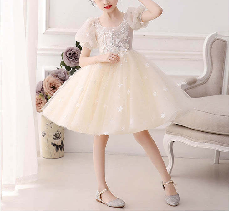 Knee-Length A-Line Princess Flower Girl Dress with Short Sleeves and Lace Appliques