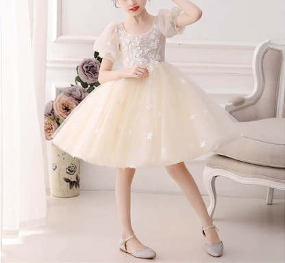 Knee-Length A-Line Princess Flower Girl Dress with Short Sleeves and Lace Appliques