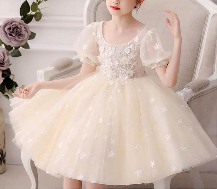 Knee-Length A-Line Princess Flower Girl Dress with Short Sleeves and Lace Appliques