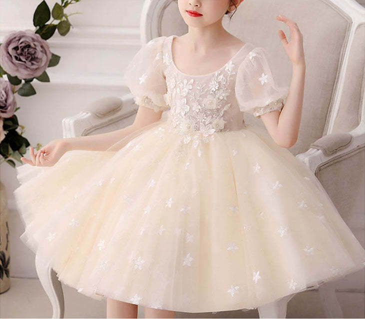 Knee-Length A-Line Princess Flower Girl Dress with Short Sleeves and Lace Appliques