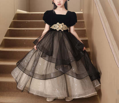 Square Neck Beaded Ball Gown with Rhinestones Sash and Short Sleeves for Girls