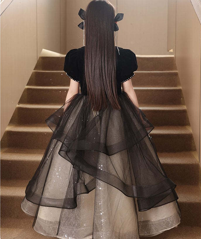 Square Neck Beaded Ball Gown with Rhinestones Sash and Short Sleeves for Girls